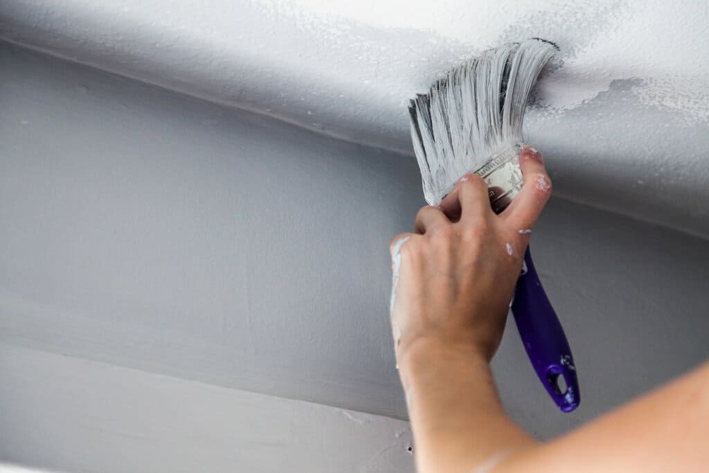 A person with a brush on a ceiling
