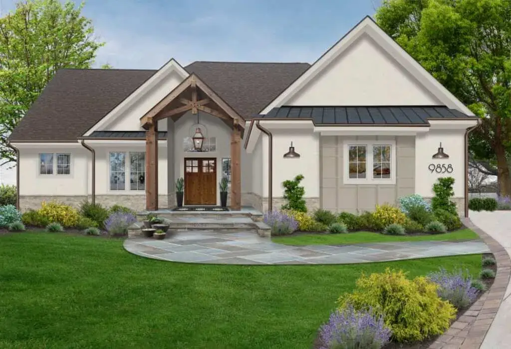 A rendering of a house with a large front yard
