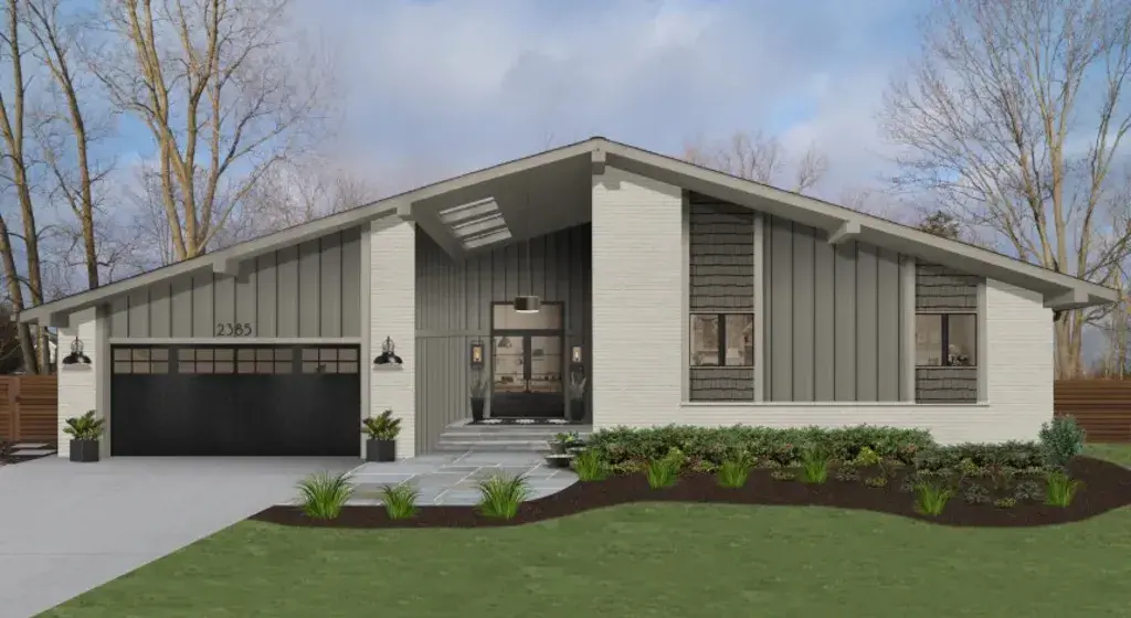 A rendering of a house with a garage
