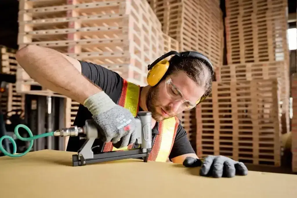 A man with a pair of gloves on his head working on a piece of wood
