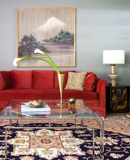 living room design with red sofa
