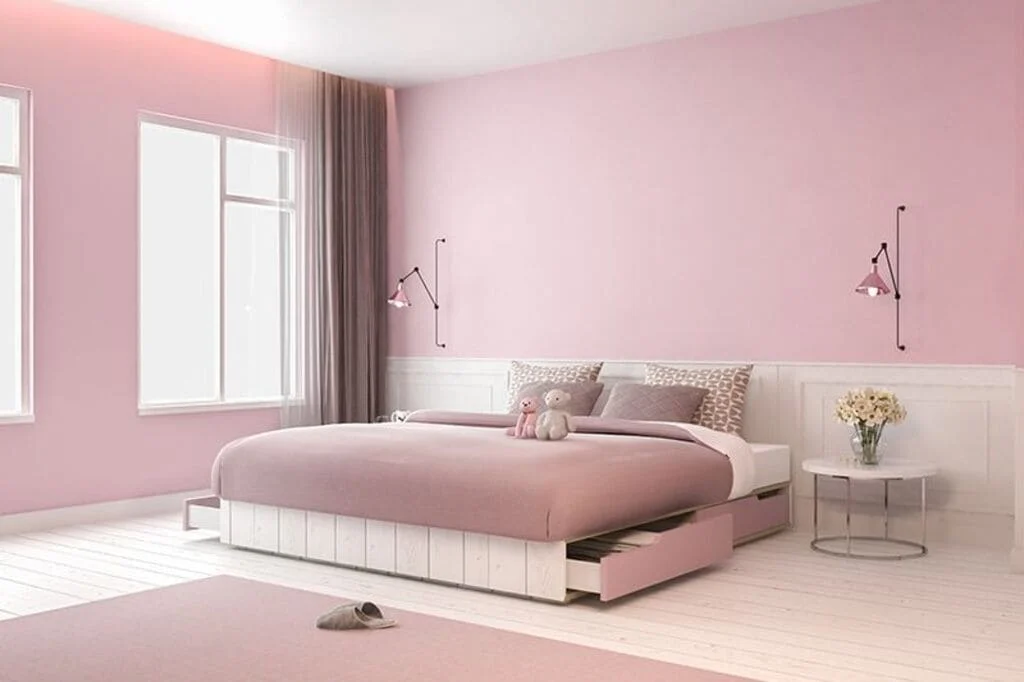 A bedroom with pink walls and white floors
