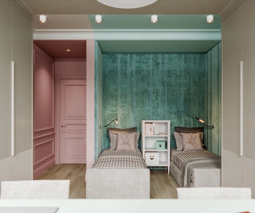 Quirky Bottle Green and Pink Two Colour Combinations for Bedroom Walls 