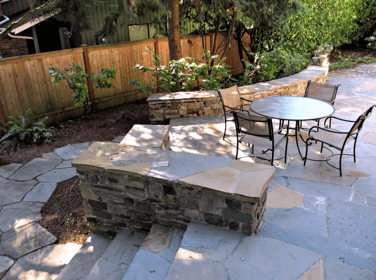 Flagstone patio and wall seating