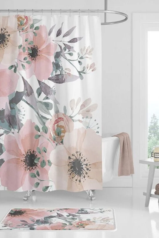 floral shower curtain in bathroom