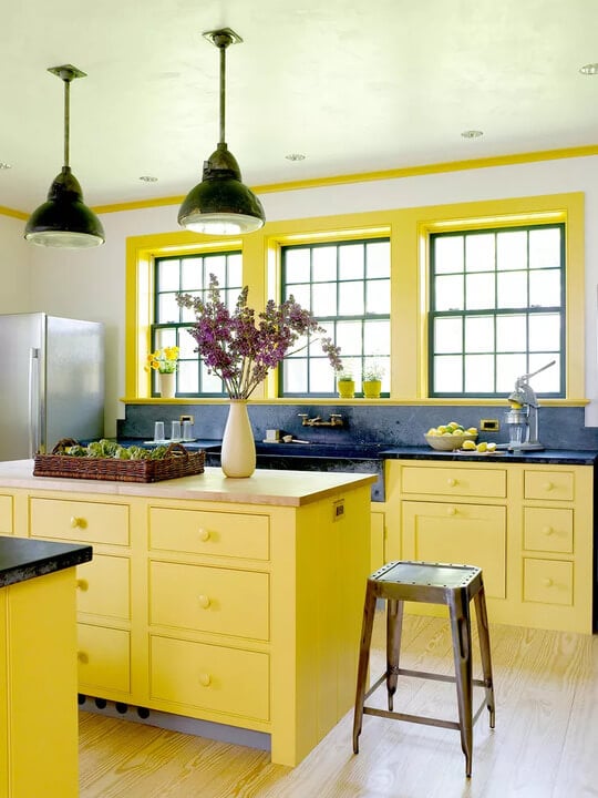 yellow blue farmhouse kitchen